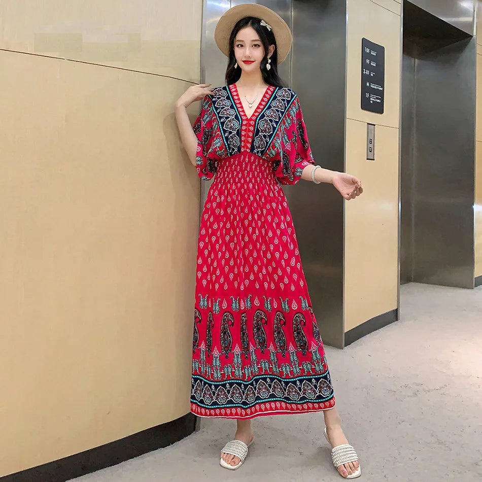 V-neck Large Skirt Hem Casual Sweet Holiday Long Dress Bat Sleeves Elastic Waist Bohemian Print Floral Elegant Dresse For Women