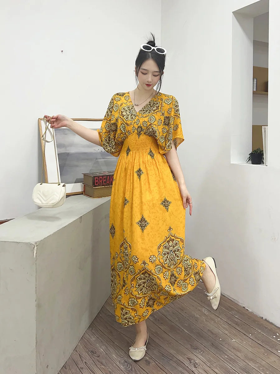 V-neck Large Skirt Hem Casual Sweet Holiday Long Dress Bat Sleeves Elastic Waist Bohemian Print Floral Elegant Dresse For Women