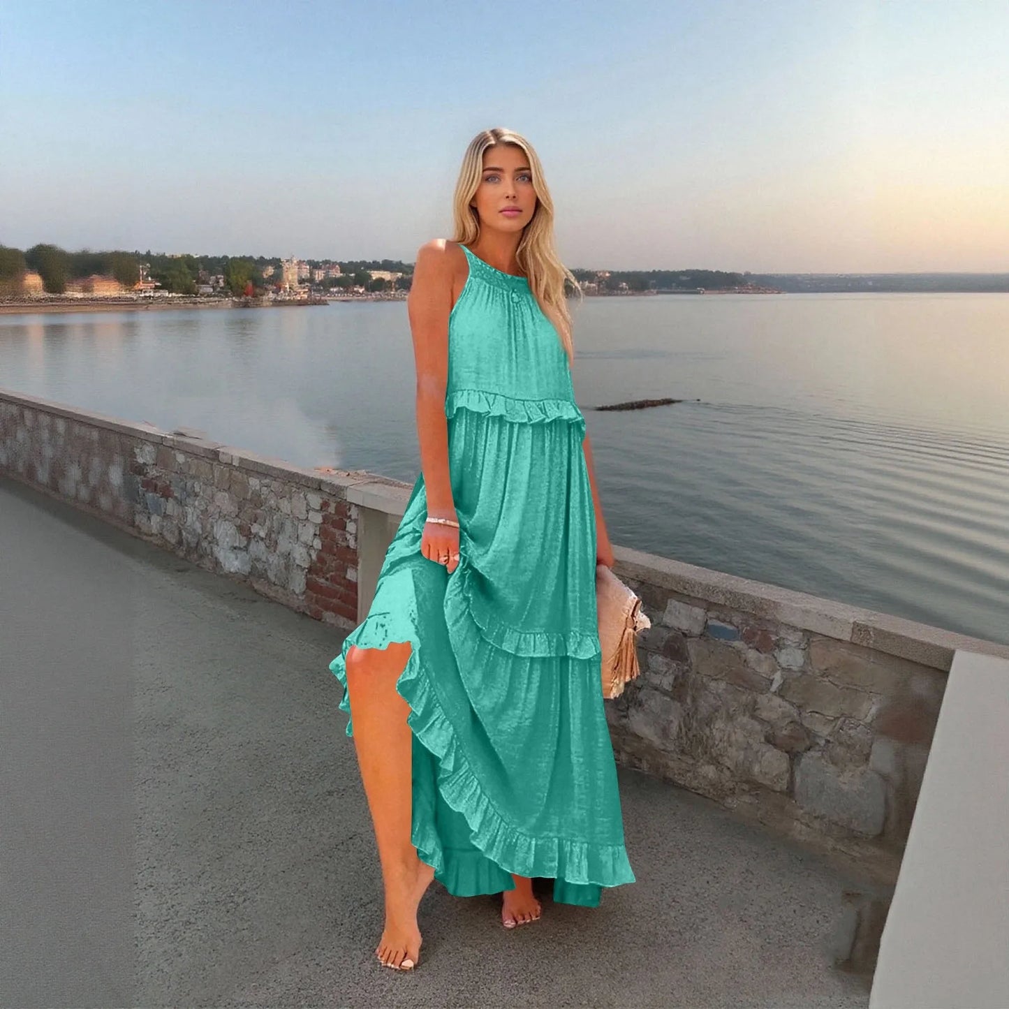 Women's Ruffled hem layered long dresses Summer Sleeveless backless dress Fashion Long Dress Big Swing Beach Dress vestidos