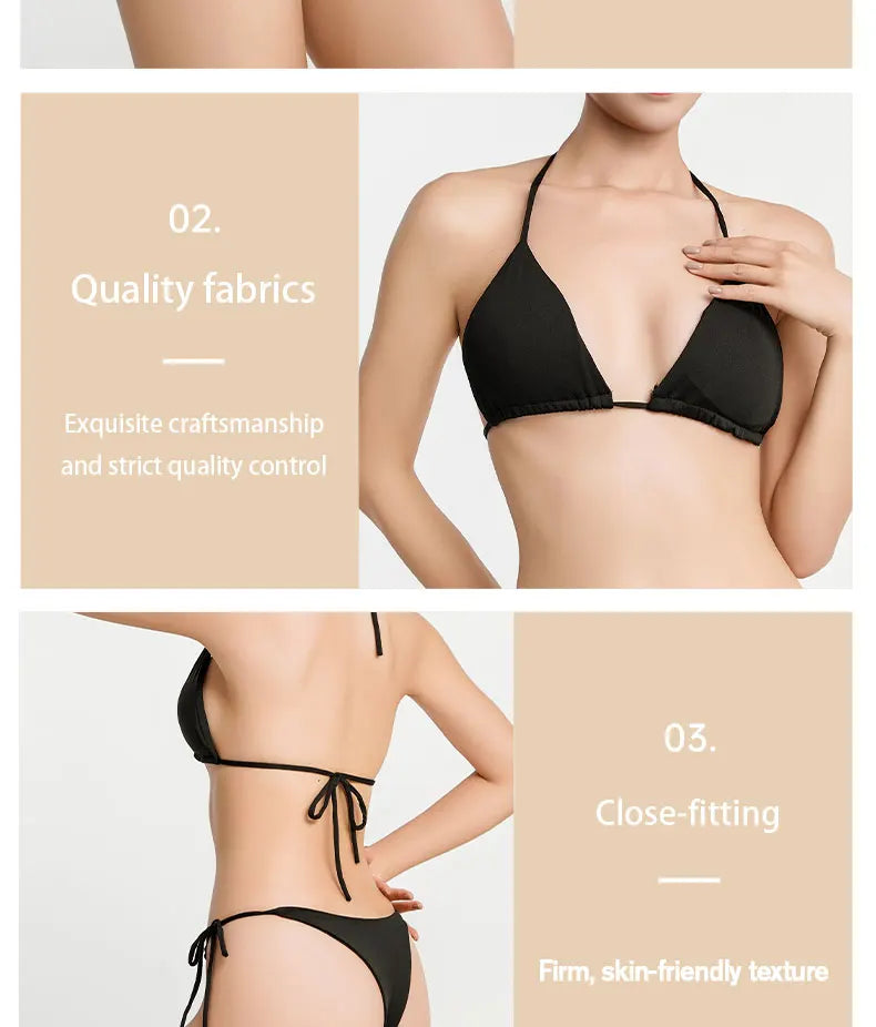 Women Two Pieces Padded Bikini Set Sexy Bra Side Tie Thong Swimsuit Three-point Bandage Brazilian Style Swimwear Biquinis