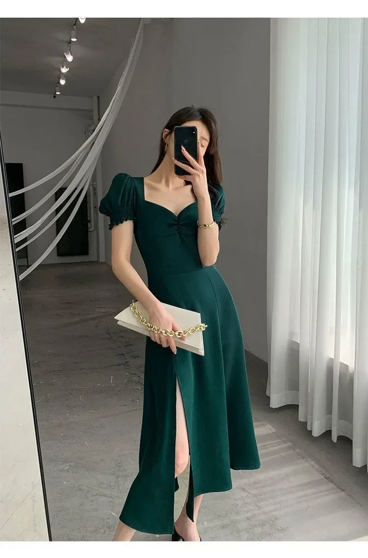 Sweet Vintage French Style Women's Long Dress Summer Hot Sale Of The Season New Bubble Sleeve Square Collar A- Line Split Skirt