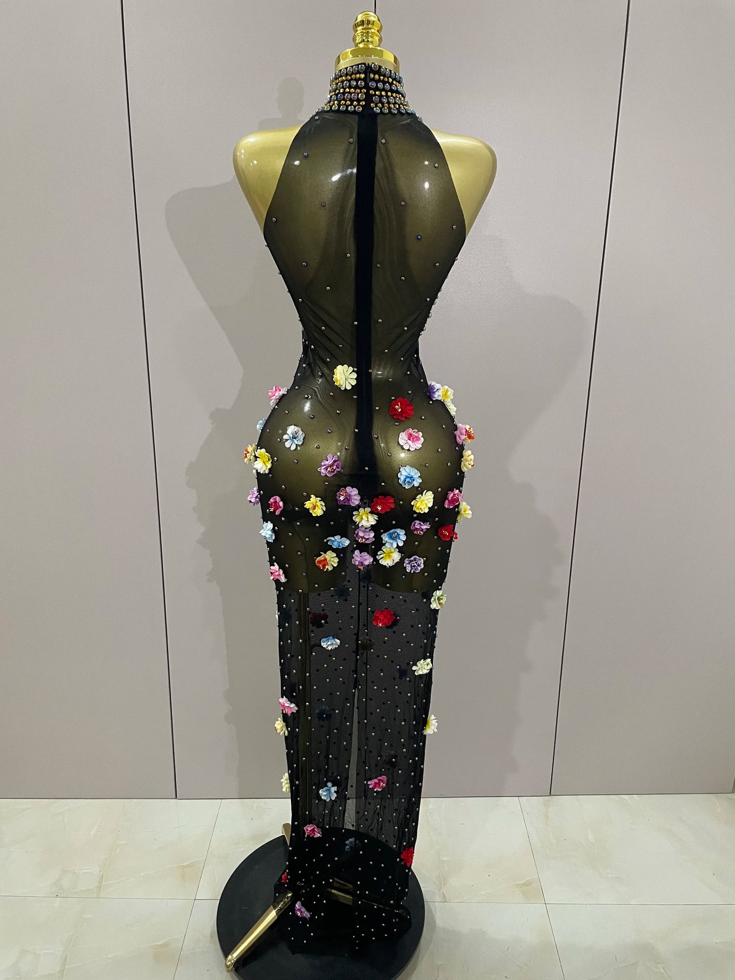 Sparkly Rhinestones Flowers Sexy See Through Long Dress 2025Women Birthday Celebrate Wedding Evening Prom Dress Photo Shoot Wear