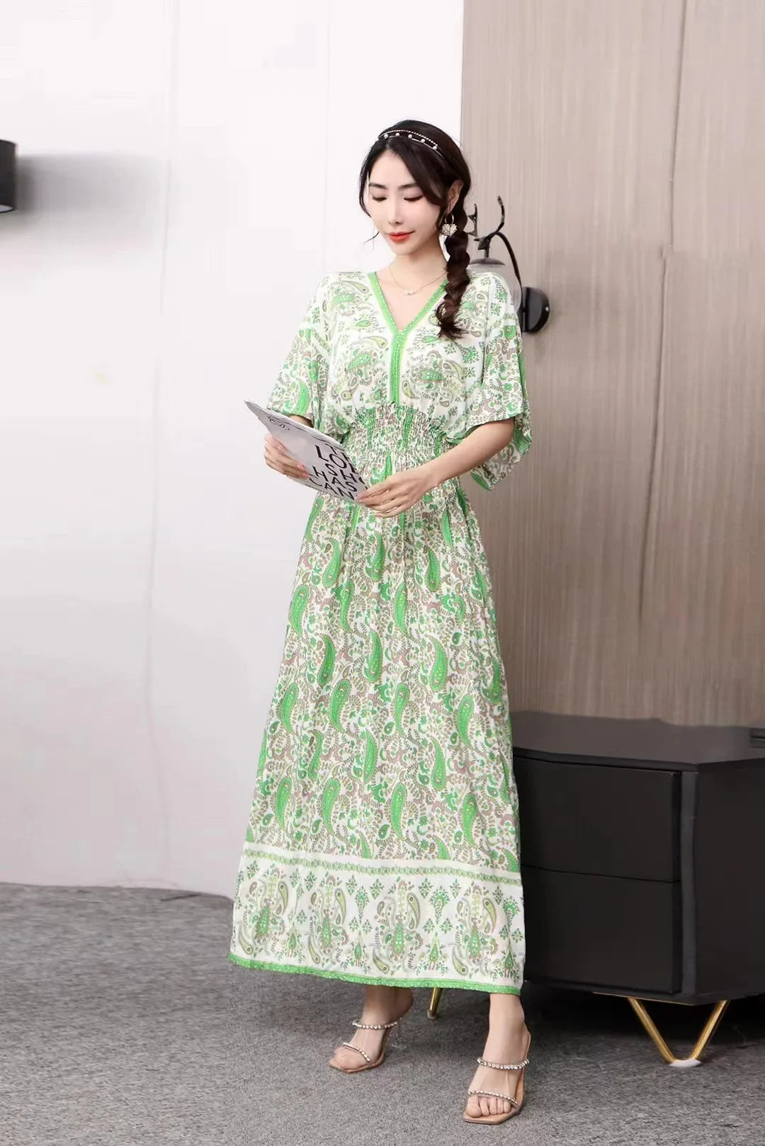 V-neck Large Skirt Hem Casual Sweet Holiday Long Dress Bat Sleeves Elastic Waist Bohemian Print Floral Elegant Dresse For Women