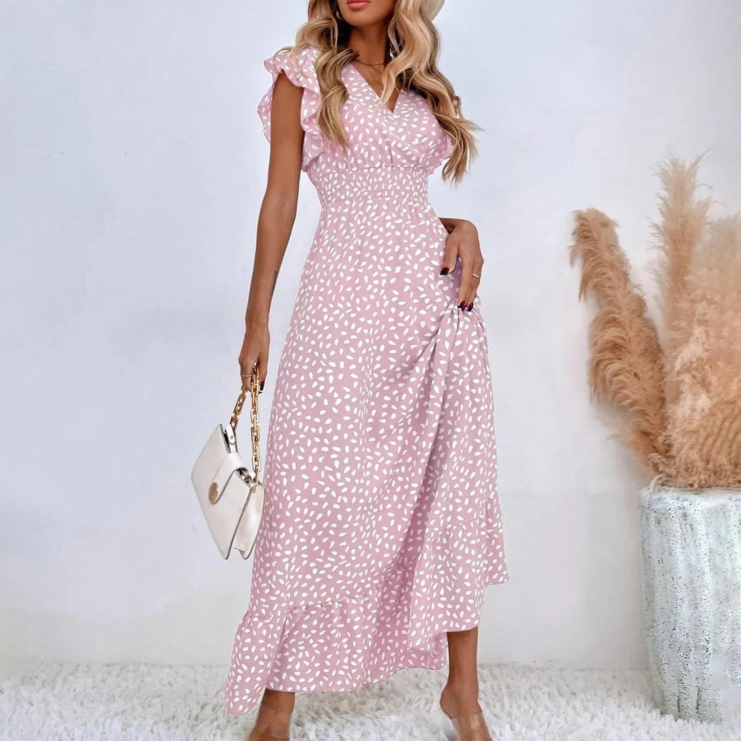 Polka Dot Dress For Women Sexy V-Neck Long Dress Casual And Fashionable Ruffle Edge Short Sleeved High Waisted Dress