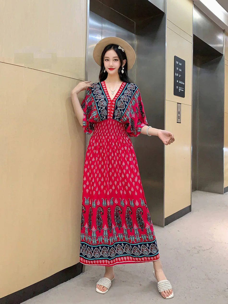 V-neck Large Skirt Hem Casual Sweet Holiday Long Dress Bat Sleeves Elastic Waist Bohemian Print Floral Elegant Dresse For Women