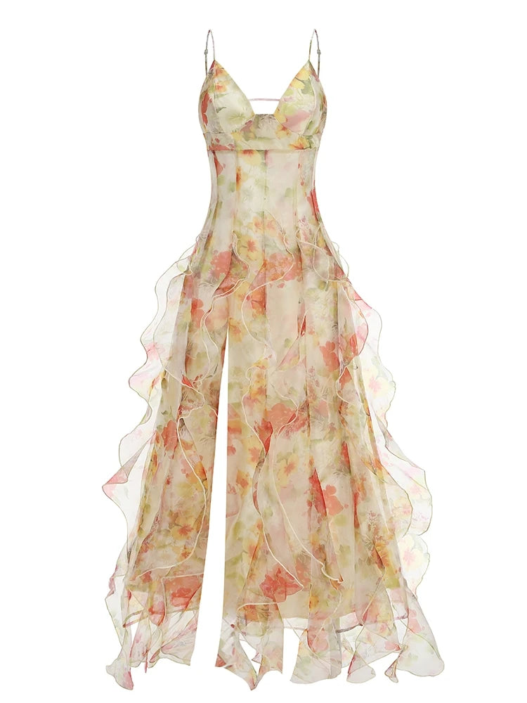 Summer Women Sleeveless Colorful Floral Printing Beach Long Dress Sexy Spaghetti Straps Backless Ruffles Split Dresses Holiday