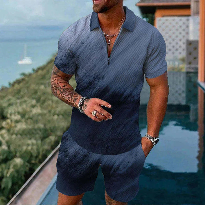 Solid Color Gradient Print Men's Sweatsuit Set Summer Casual Zipper Polo Shirt And Shorts 2pcs Sets Trend Man Pullover Clothing