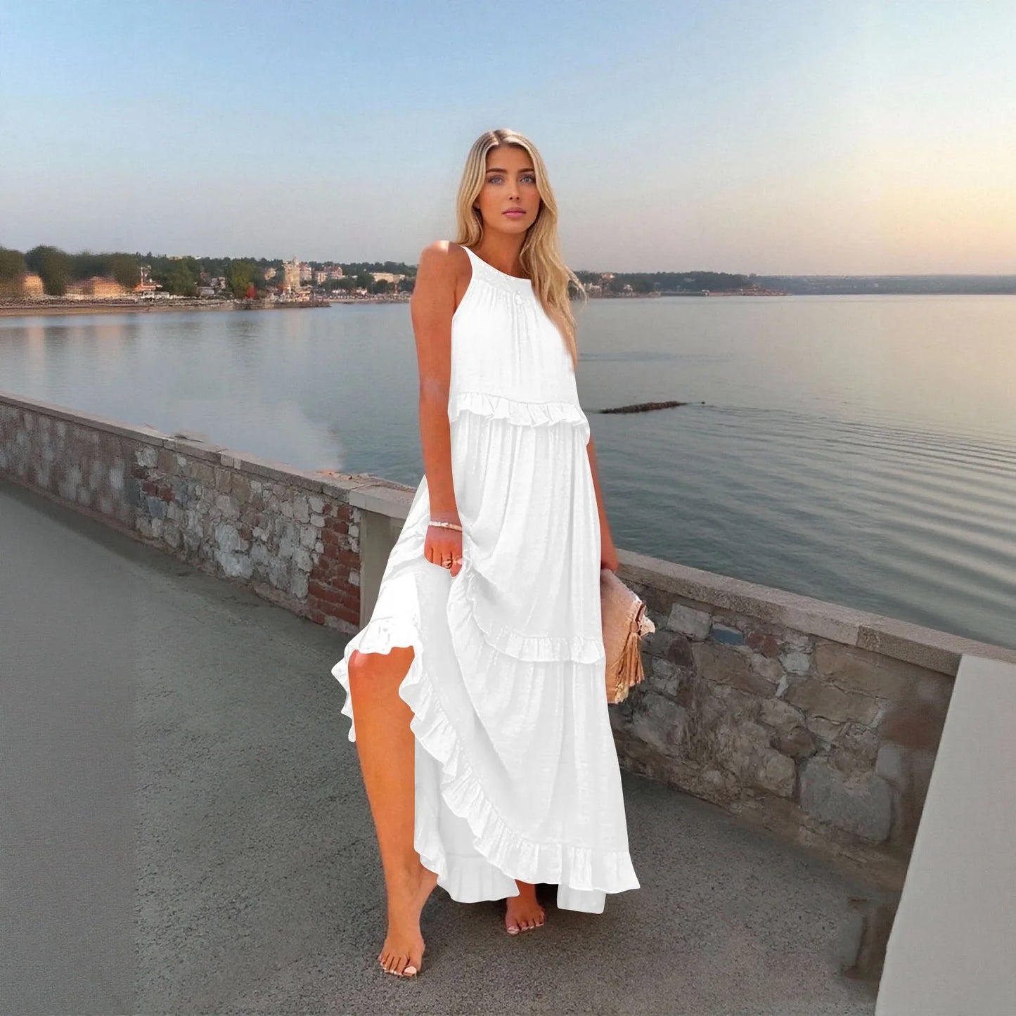 Women's Ruffled hem layered long dresses Summer Sleeveless backless dress Fashion Long Dress Big Swing Beach Dress vestidos