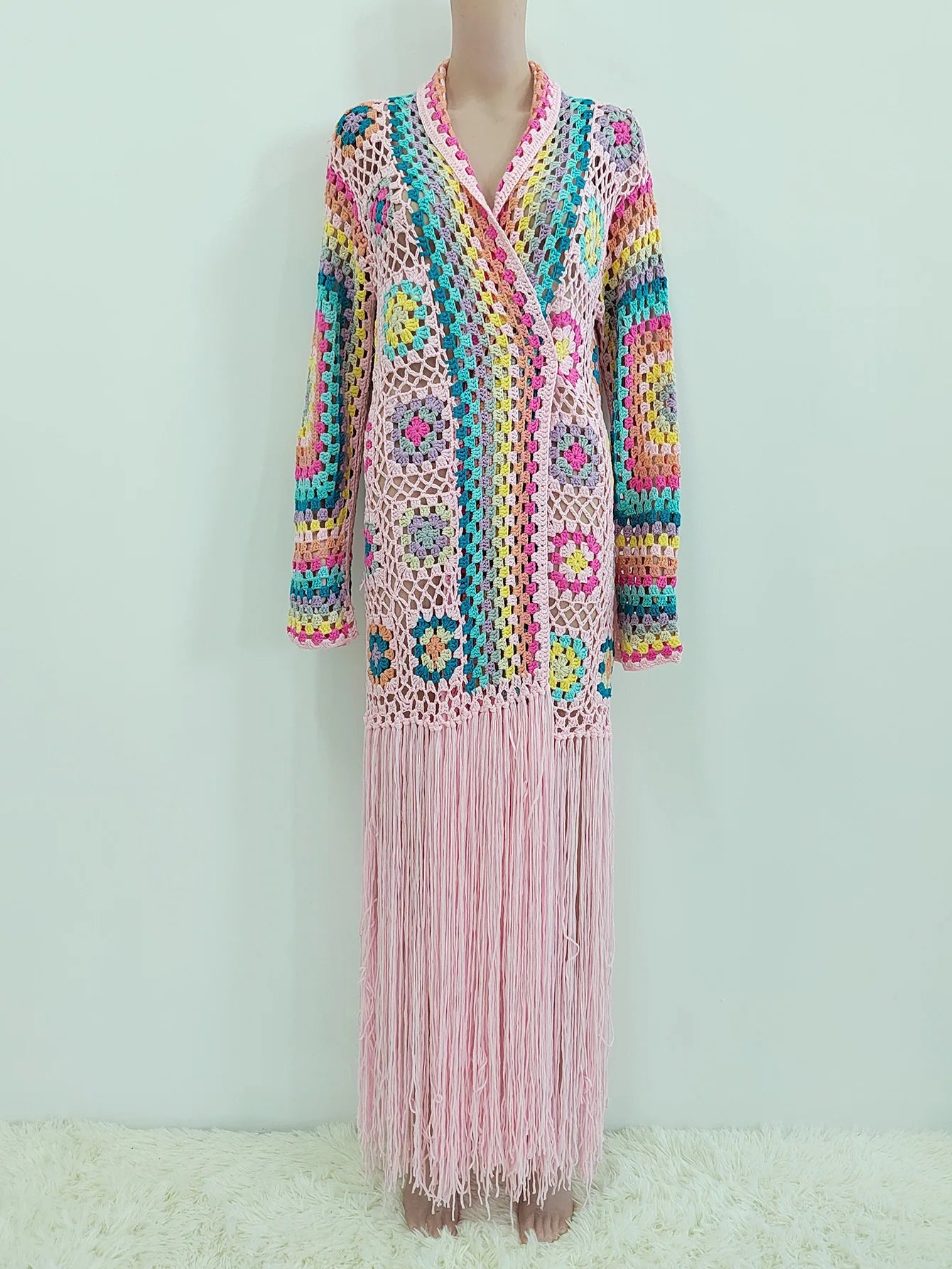 Crochet Knitted Women Cardigan Cover Ups Tassel Plaid Long Coat Bohemian 2023 Summer Beach Bikini Covers Sexy Hook Vestidos