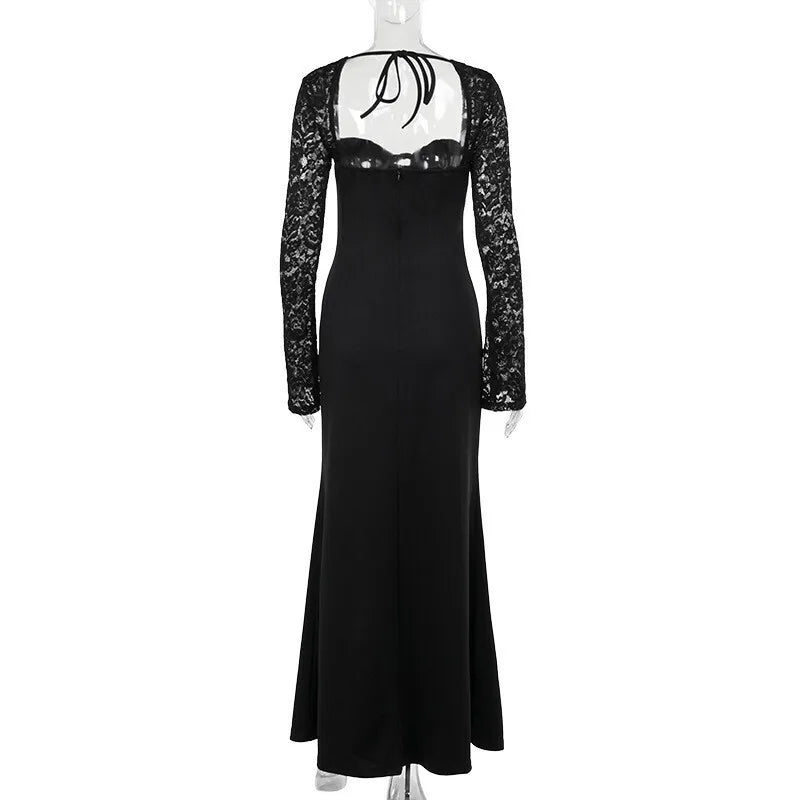 Mozision Lace Long Sleeve Sexy Maxi Dress Women Autumn New Square Collar Backless Lace-up High Split Sexy Club Party Long Dress