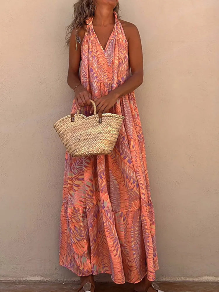 Summer Beach Style Women Ruffles Dress Patchwork Backless Off Shoulder Lady Long Dress Holiday Casual Loose Sleeveless Dresses