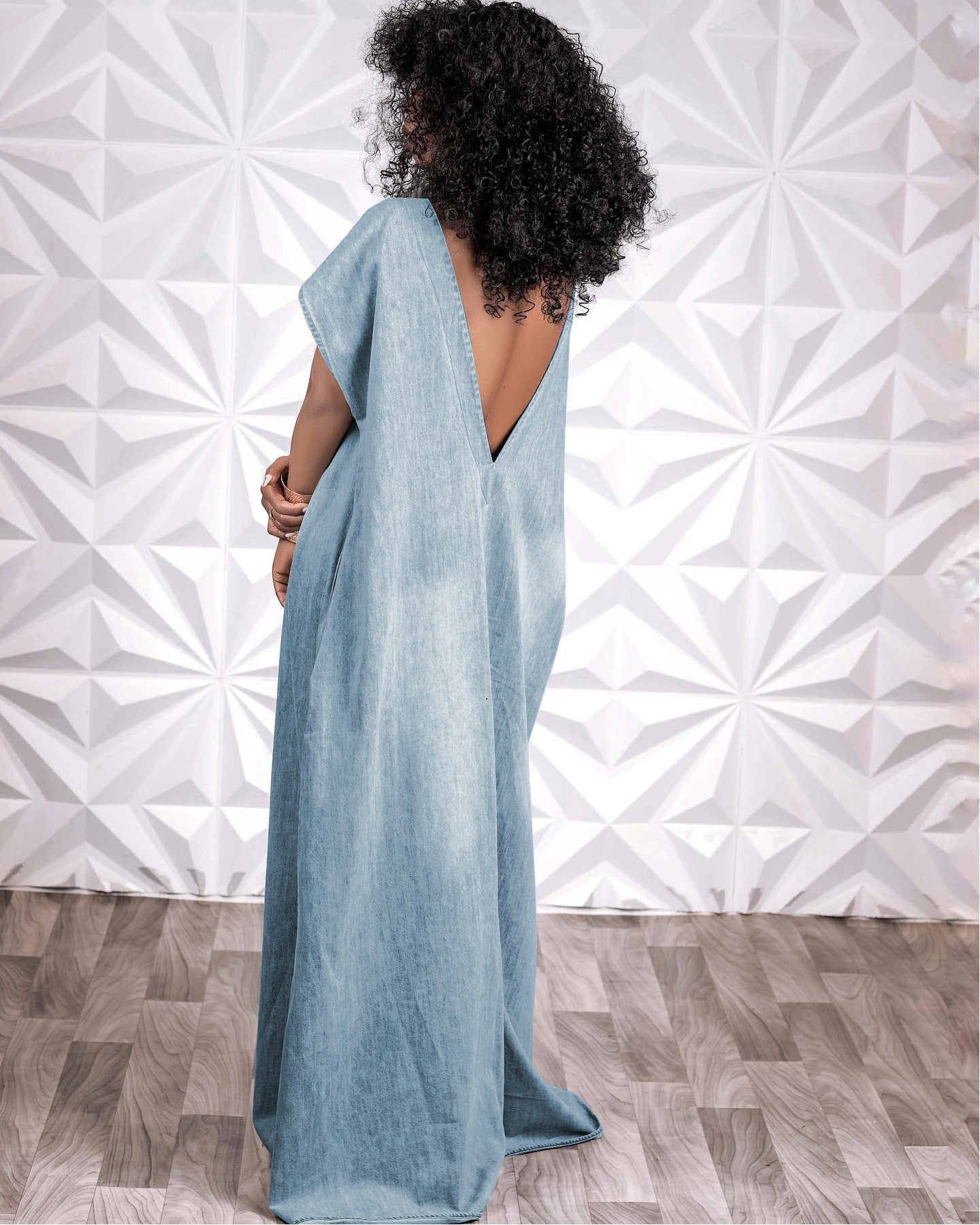 CM.YAYA Vintage Women Fashion Batwing Short Sleeve Denim V-back Loose Slim Maxi Long Dress 2023 High Street Vestido Jean Dresses