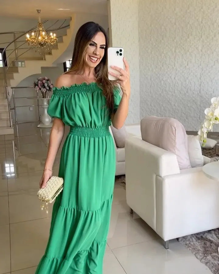 Women's Dress One-line Collar Spring And Summer Short-sleeved New Green Long Dress Fashion Casual Loose Beach Party Dresses Robe