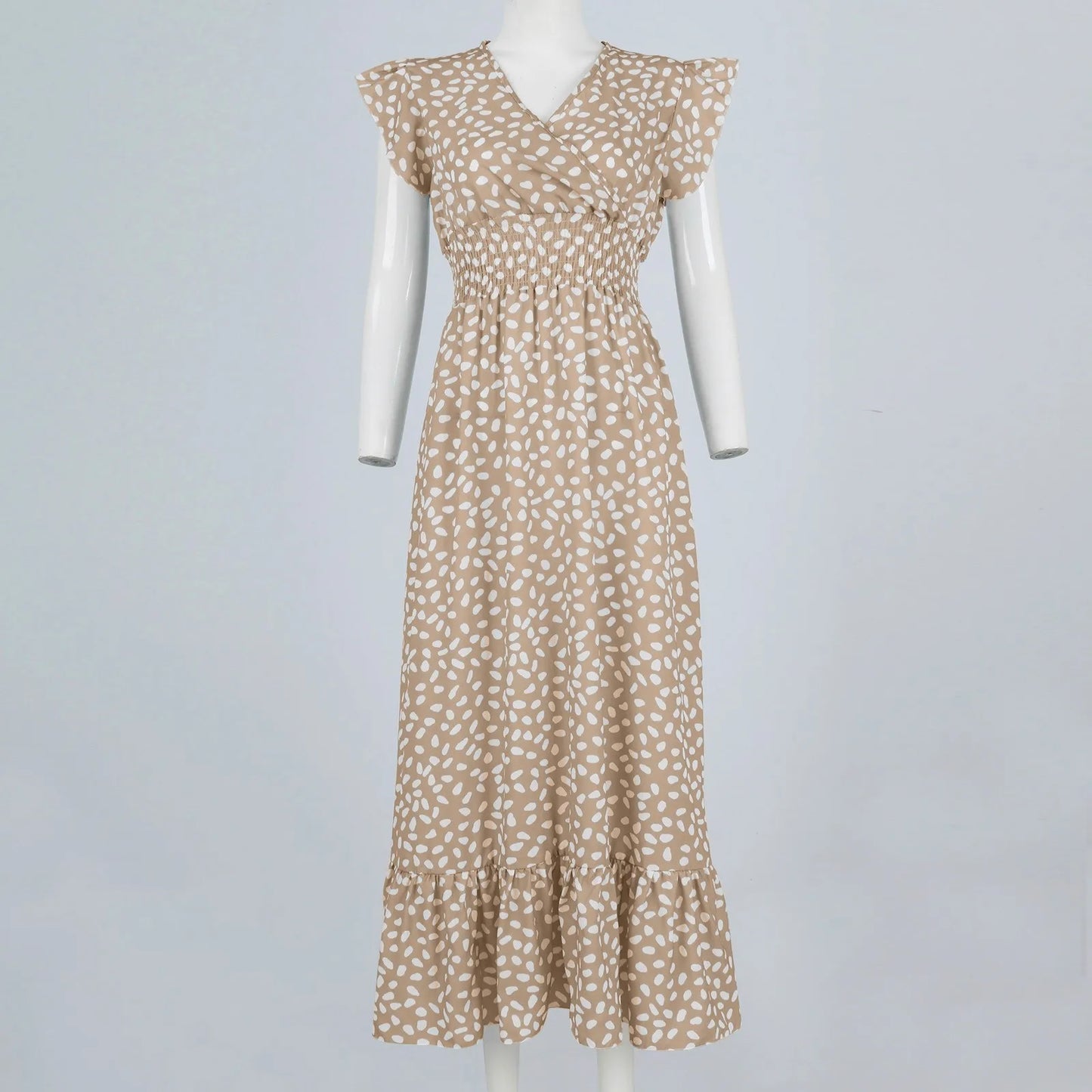 Polka Dot Dress For Women Sexy V-Neck Long Dress Casual And Fashionable Ruffle Edge Short Sleeved High Waisted Dress