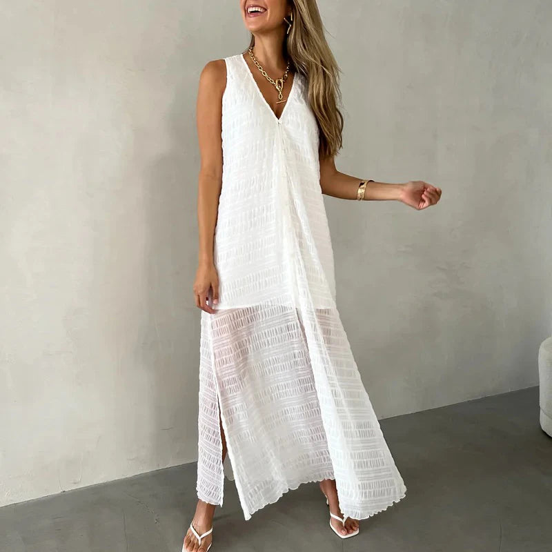 Casual V Neck Button Lace Party Dresses Woman Spring Solid Split Pleated Long Dress Summer Sleeveless Hollow Holiday Beach Dress