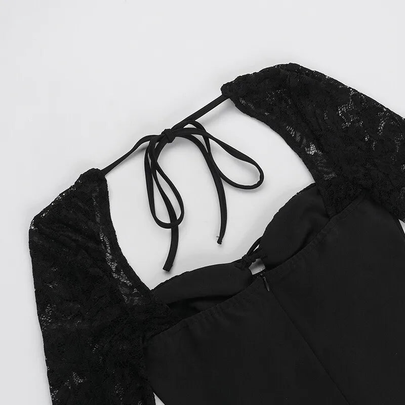 Mozision Lace Long Sleeve Sexy Maxi Dress Women Autumn New Square Collar Backless Lace-up High Split Sexy Club Party Long Dress