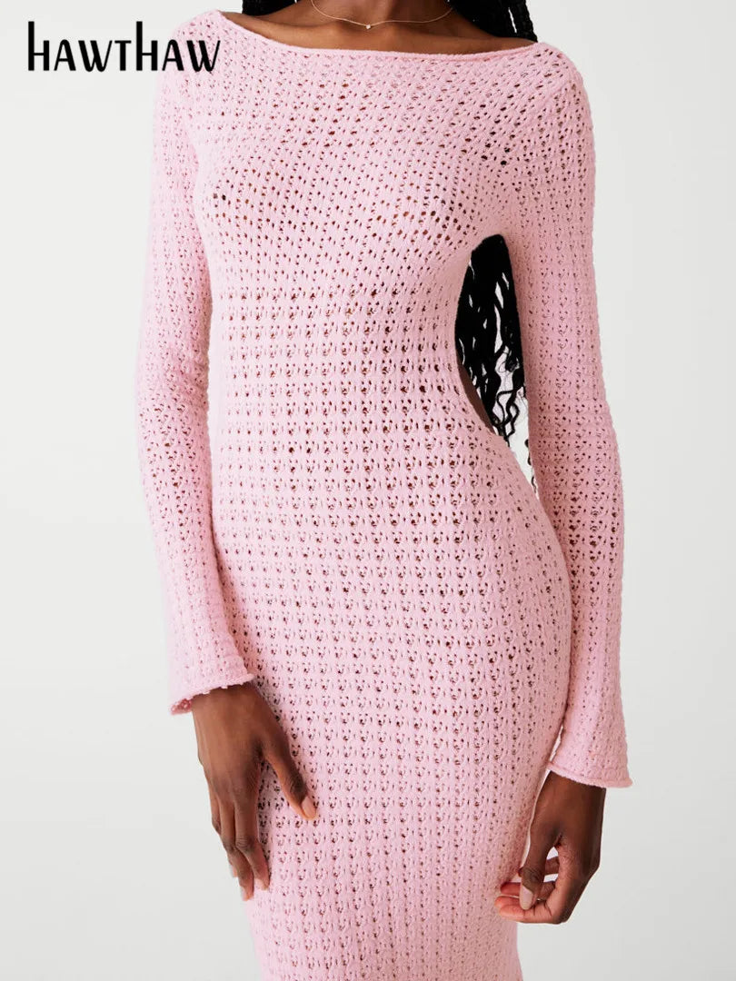 Hawthaw Women 2023 Autumn Winter Long Sleeve Streetwear Knitted Vacation Bodycon Pink Long Dress Wholesale Items For Business