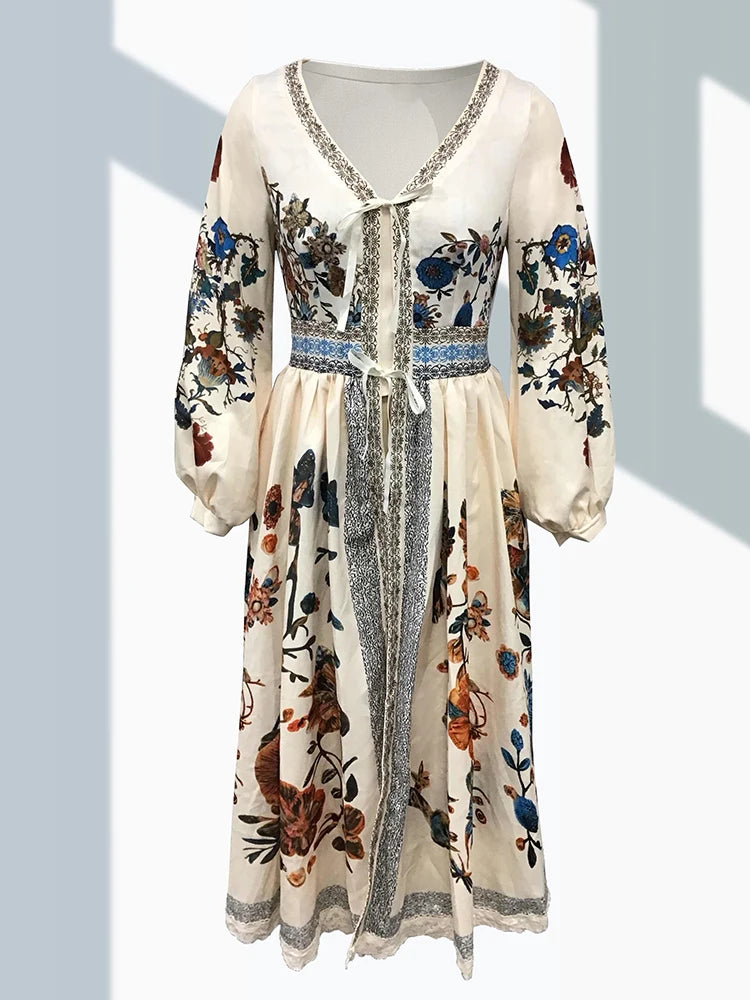 Luxury Elegant Lace Patchwork Boho Women's Long Dress Flower Plants Pattern V Neck Lantern Sleeve Woman's Long Dress for Spring
