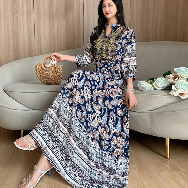 Summer Autumn Robe Maxi Long Dress Women Indian Clothes Boho Cotton Print Floral Boho Korean Style Fashion Casual Vestido Largos