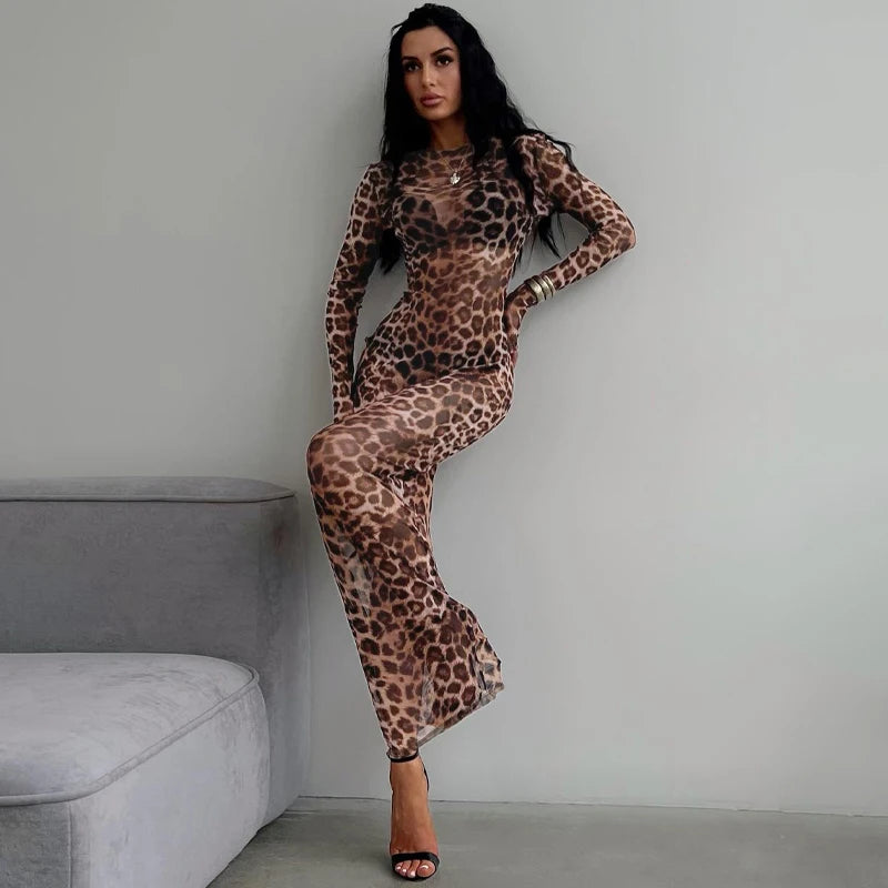 Hawthaw Women 2025 Summer Autumn Long Sleeve Leopard Mesh Party Club Streetwear Bodycon Long Dress Wholesale Items For Business