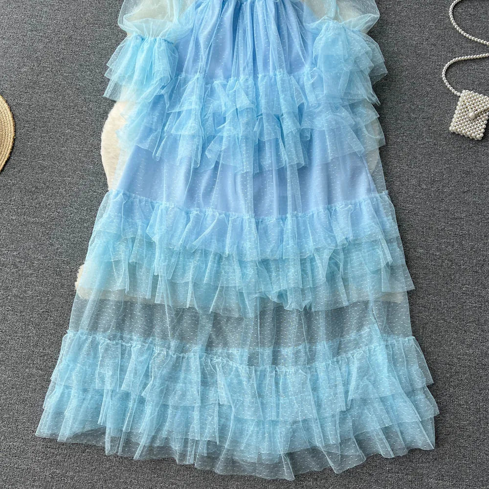SINGREINY Mesh Party Long Dress Women Ruffle Long Sleeve Slash Neck Elastic Waist French Ladies Summer Elegant A Line Dresses