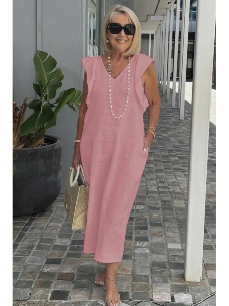 Summer Cotton And Linen Dress For Women Fashion Flying Sleeves Strappy Back Solid Color Loose Long Dress Elegant Robe Femme