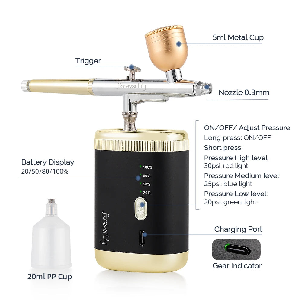 30Psi High Pressure 3 Levels Portable Airbrush For Nails Art Paint Facial Makeup Cake Pastry Painting Hair Dyeing Nano Spray Gun
