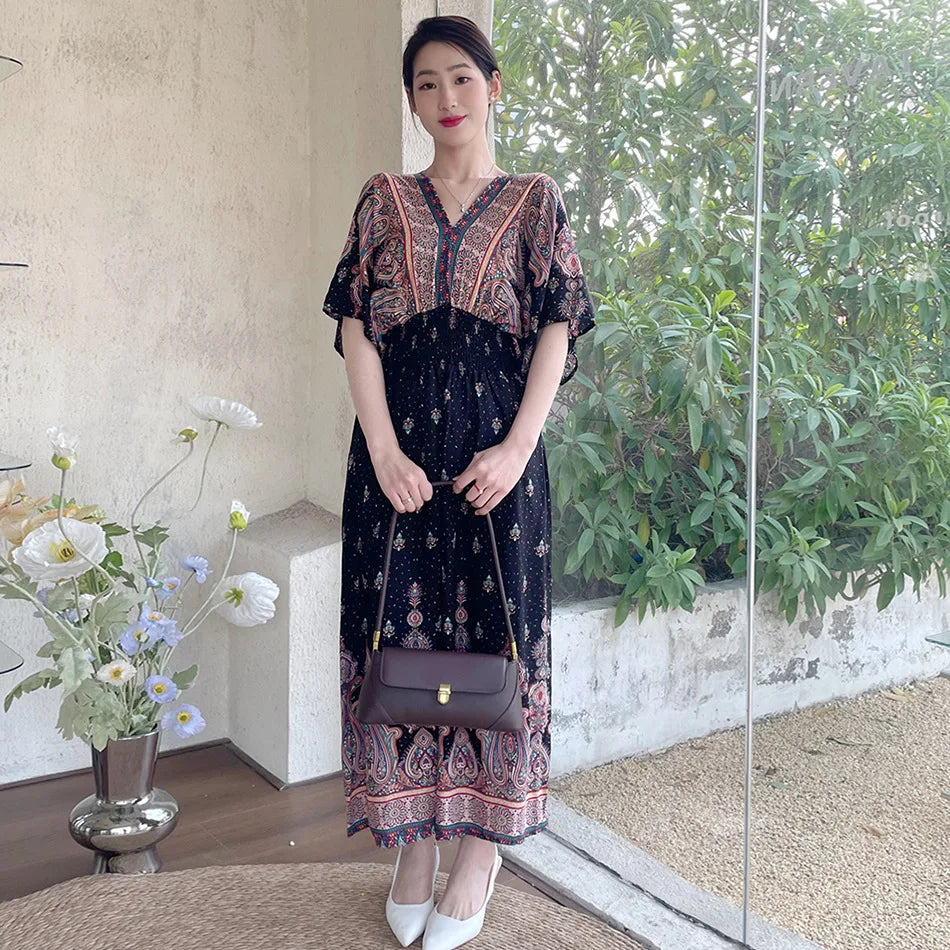 V-neck Large Skirt Hem Casual Sweet Holiday Long Dress Bat Sleeves Elastic Waist Bohemian Print Floral Elegant Dresse For Women