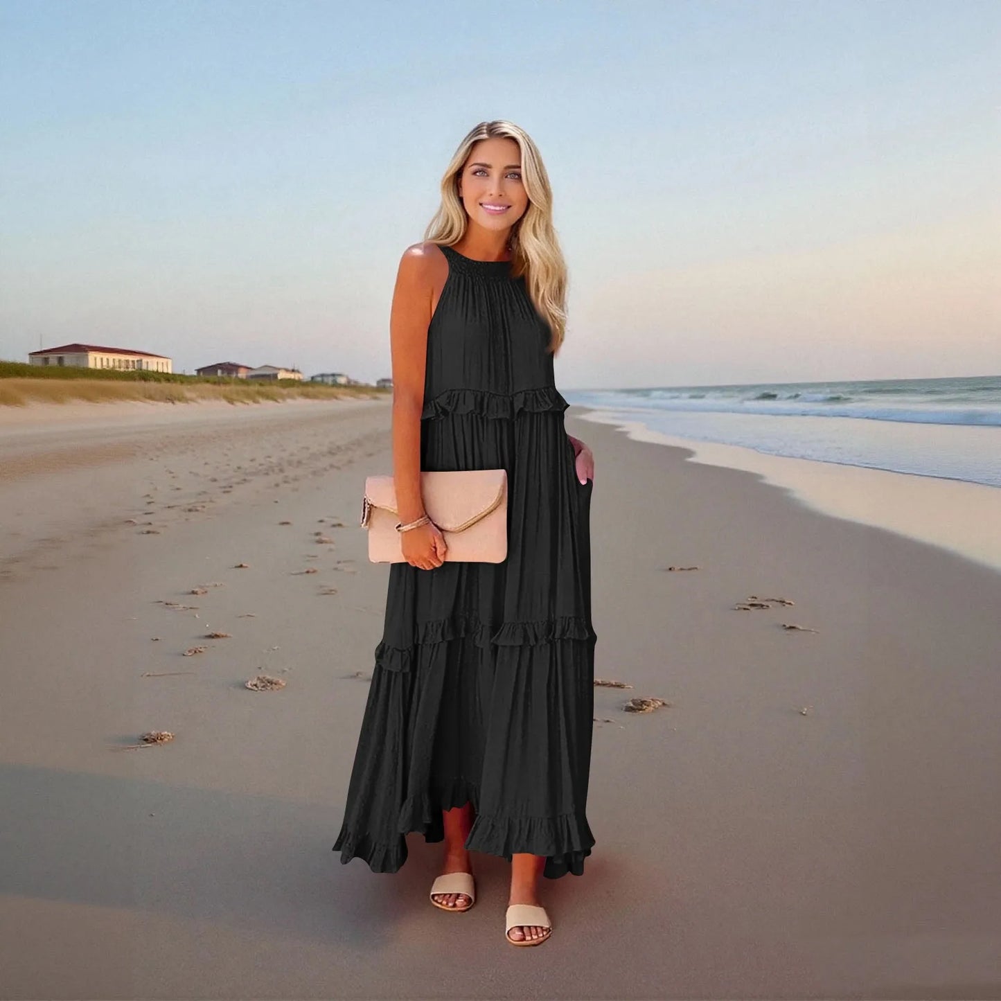 Women's Ruffled hem layered long dresses Summer Sleeveless backless dress Fashion Long Dress Big Swing Beach Dress vestidos