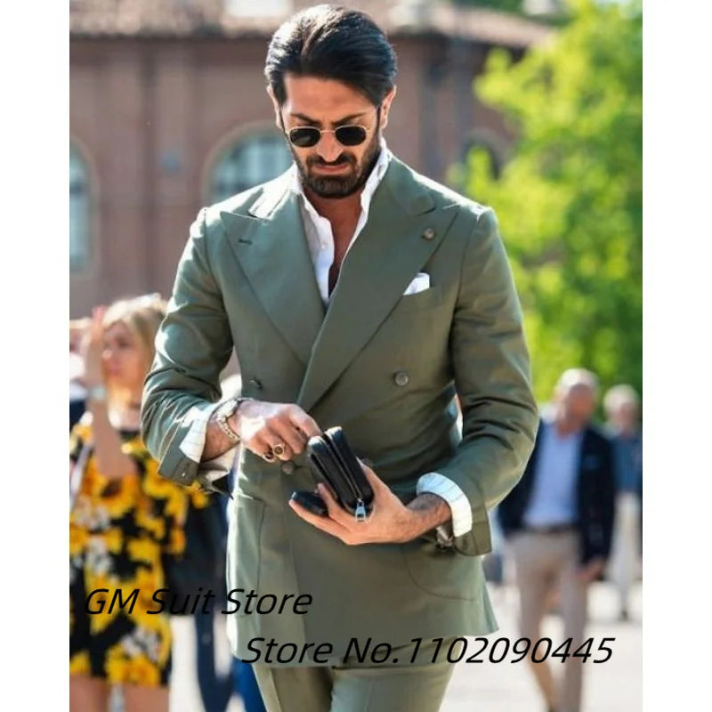 Men's Suit Two-piece Solid Color Double Breasted Fashion Spike Lapel Slim Fit Cropped Pants Casual Business Party Suits 2023