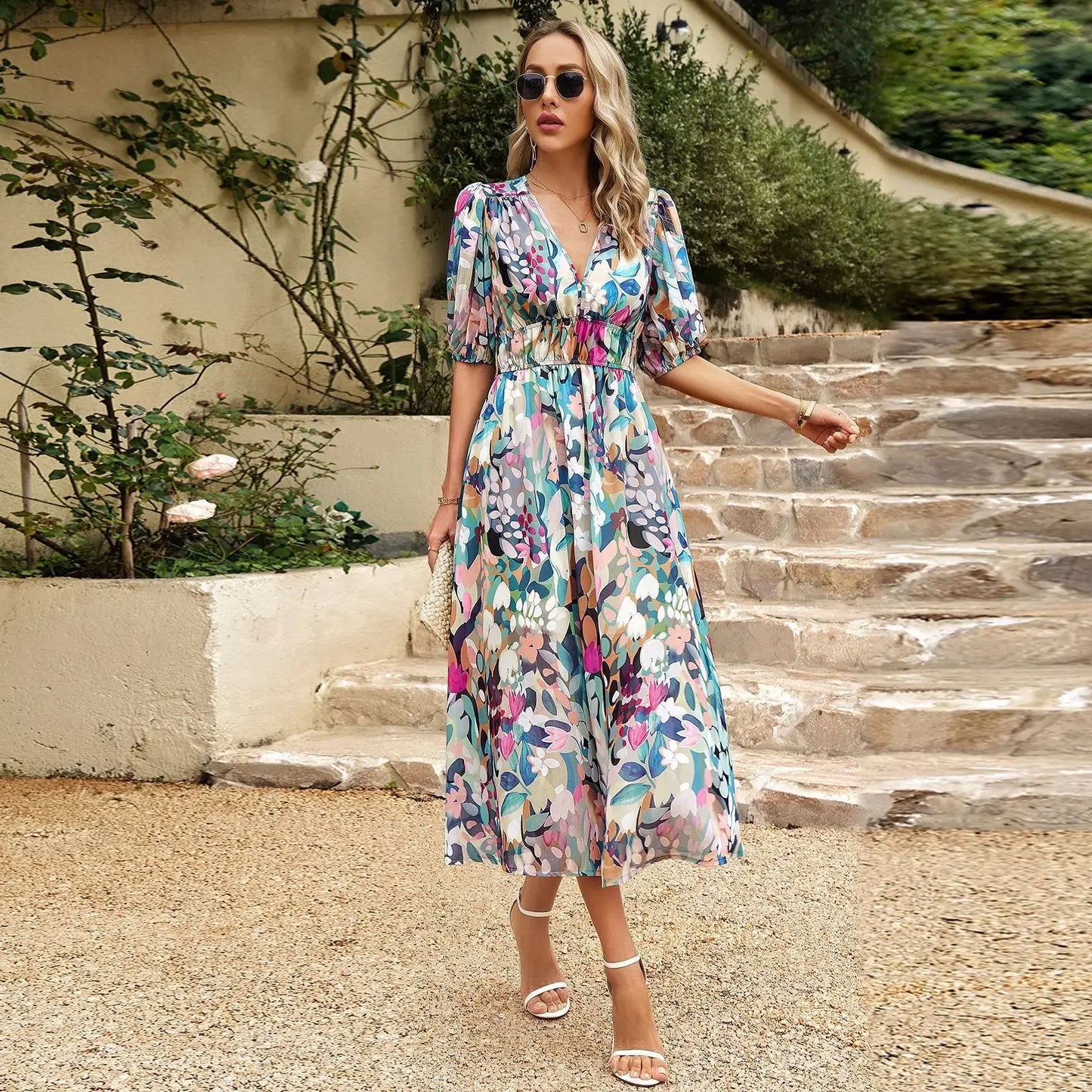 2024 Elegant High Quality Design summer long Dress Waist Cinching V-neck Print Elastic Waist Maxi Dresses for Women Clothing