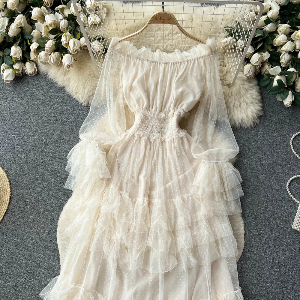 SINGREINY Mesh Party Long Dress Women Ruffle Long Sleeve Slash Neck Elastic Waist French Ladies Summer Elegant A Line Dresses