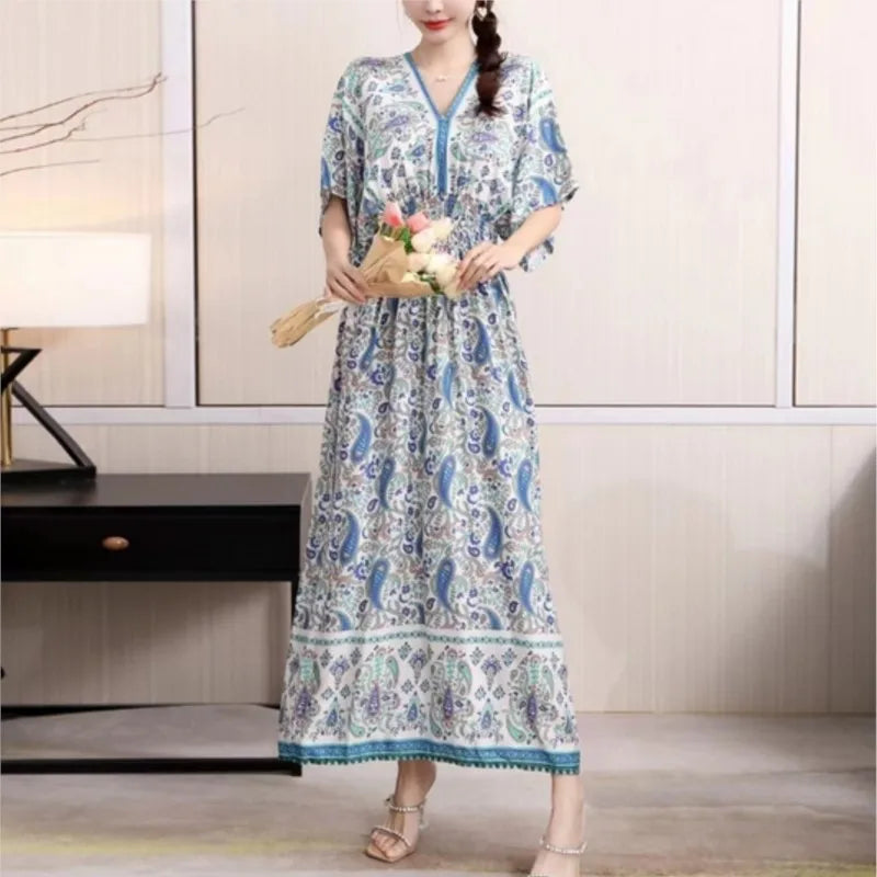 V-neck Large Skirt Hem Casual Sweet Holiday Long Dress Bat Sleeves Elastic Waist Bohemian Print Floral Elegant Dresse For Women