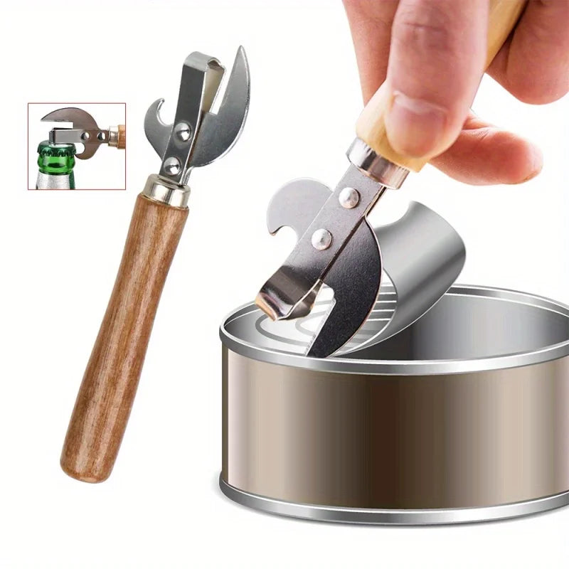 1pc, Stainless Steel Manual Can Opener with Wooden Handle - Safe and Easy to Use for Home, Kitchen, and Camping