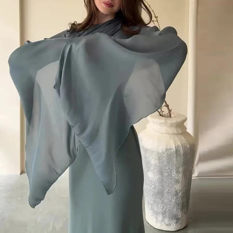Fashion Satin Solid Robe Dress Women Elegant Batwing Sleeves High Waist Pleats Long Dress Stylish Glass Tulle Slim Evening Dress