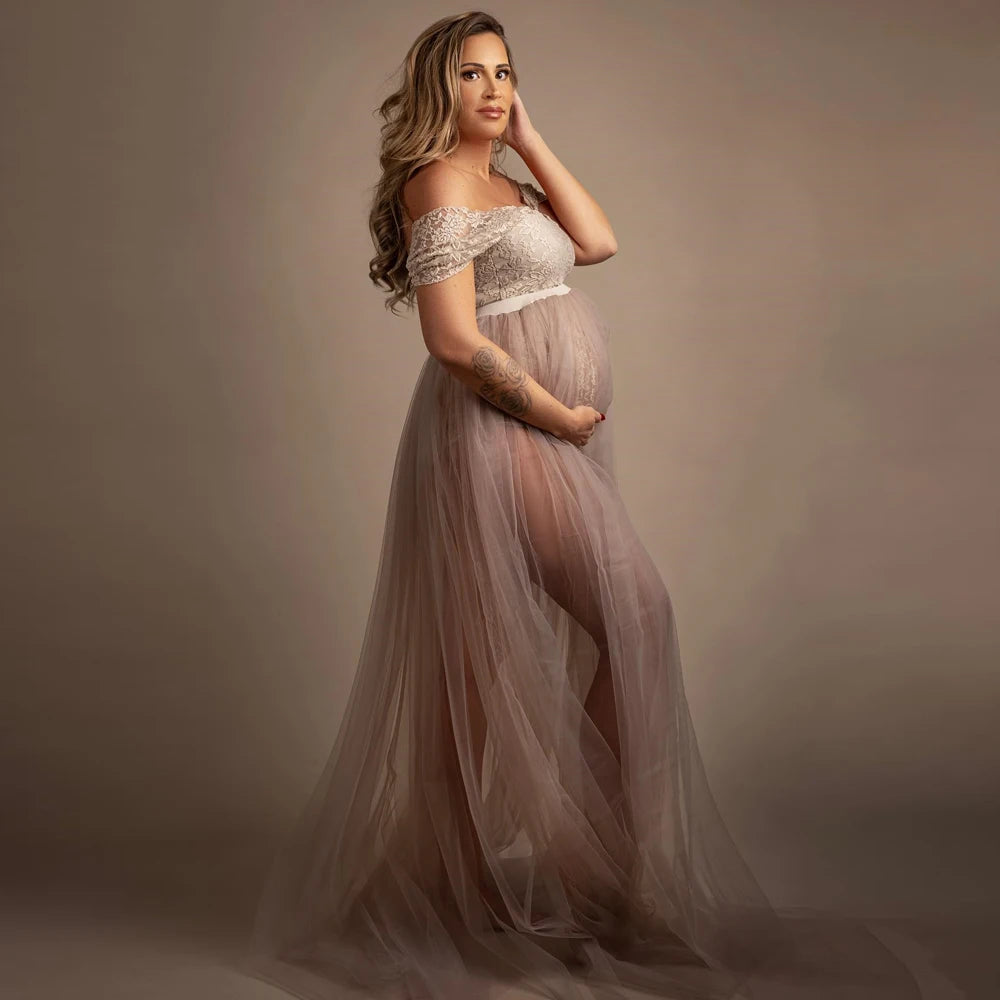 Bohemian Photo Shooting Pregnancy Dress Lace Bodysuit Tulle Long Dress Boho Style Maternity Dresses For Photo Shoot