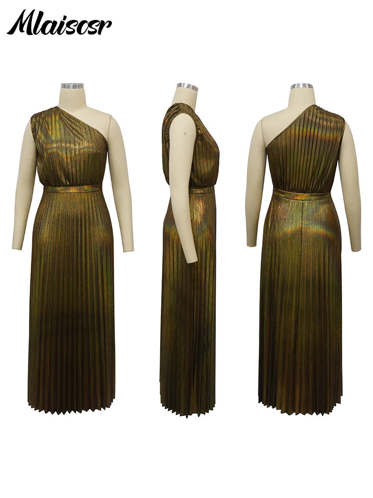 Mlaiscsr Metallic Golden One Shoulder Sleeveless Pleated A-Line Long Dress Elegant Women Luxury Birthday Evening Gowns Vestidos