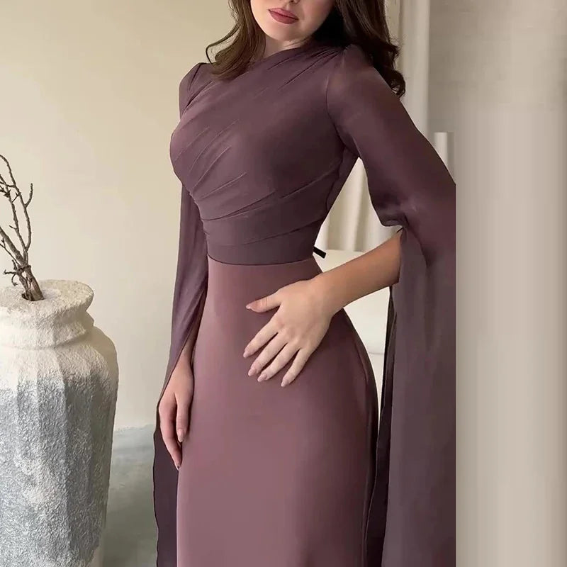 Fashion Satin Solid Robe Dress Women Elegant Batwing Sleeves High Waist Pleats Long Dress Stylish Glass Tulle Slim Evening Dress