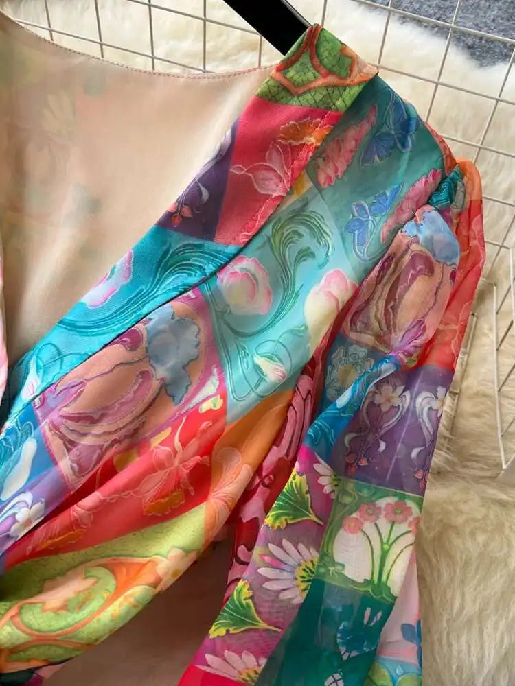 XFPV 2025 Spring New Fashion High-end V-neck Lantern Sleeves High Waist Print Swing Ruffle Edge Chiffon Long Dress Women SM11517