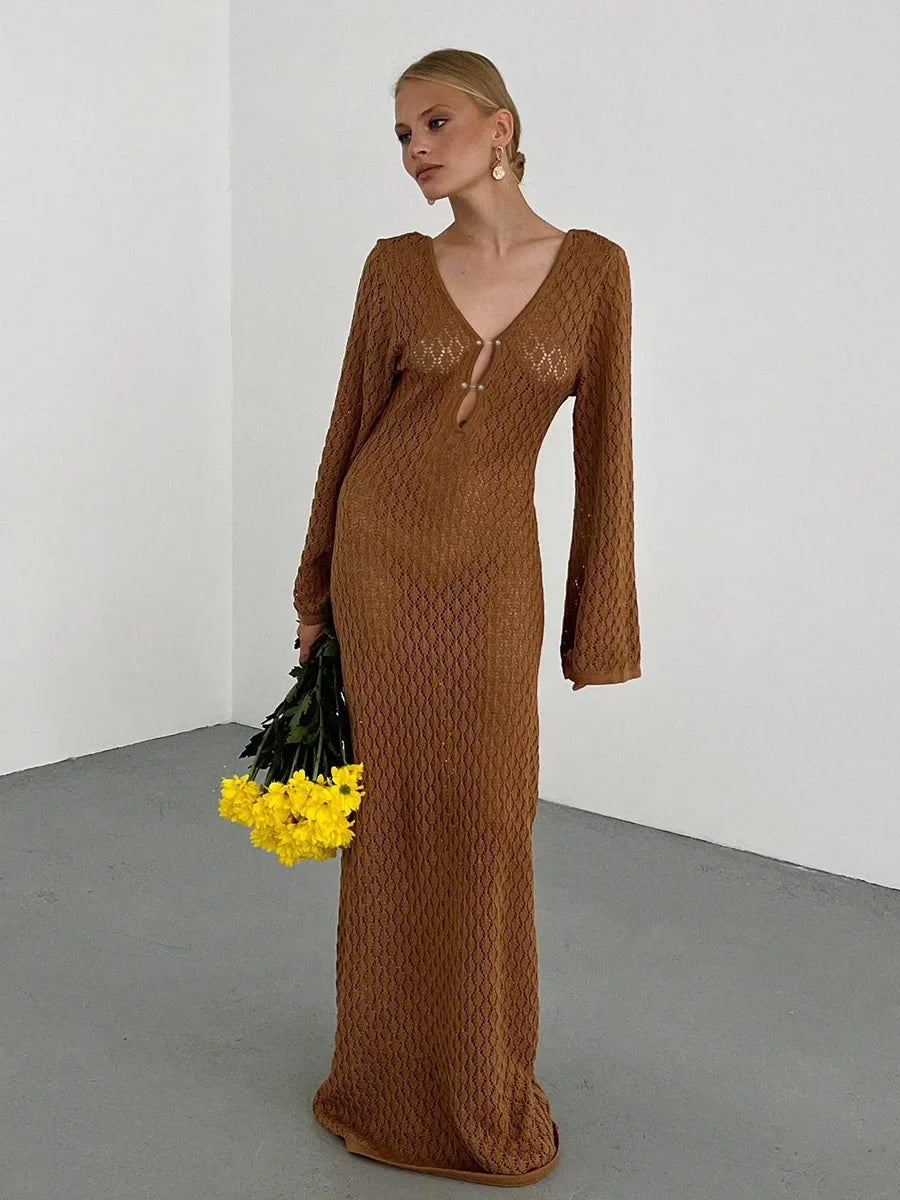 TARUXY Crochet Beach Maxi Dress Women's Sexy Knitted Hollow Bikini Swimsuit Cover-Up Sun Protection Dress See Through Slim Lady