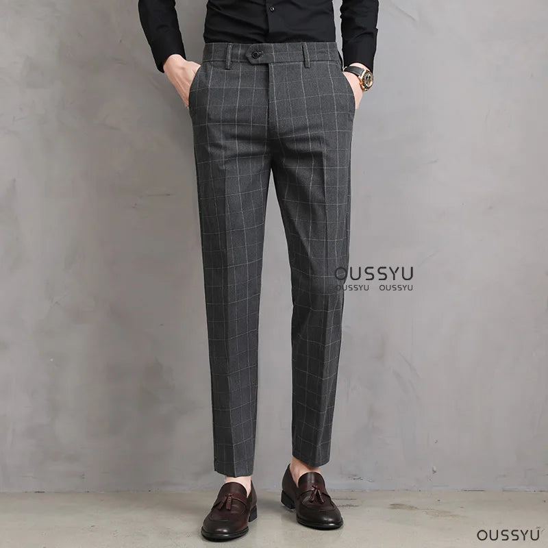High Quality Summer Thin Plaid Pattern Formal Dress Pants Men Slim Business Work Office Party Korea Skinny Casual Trousers Male