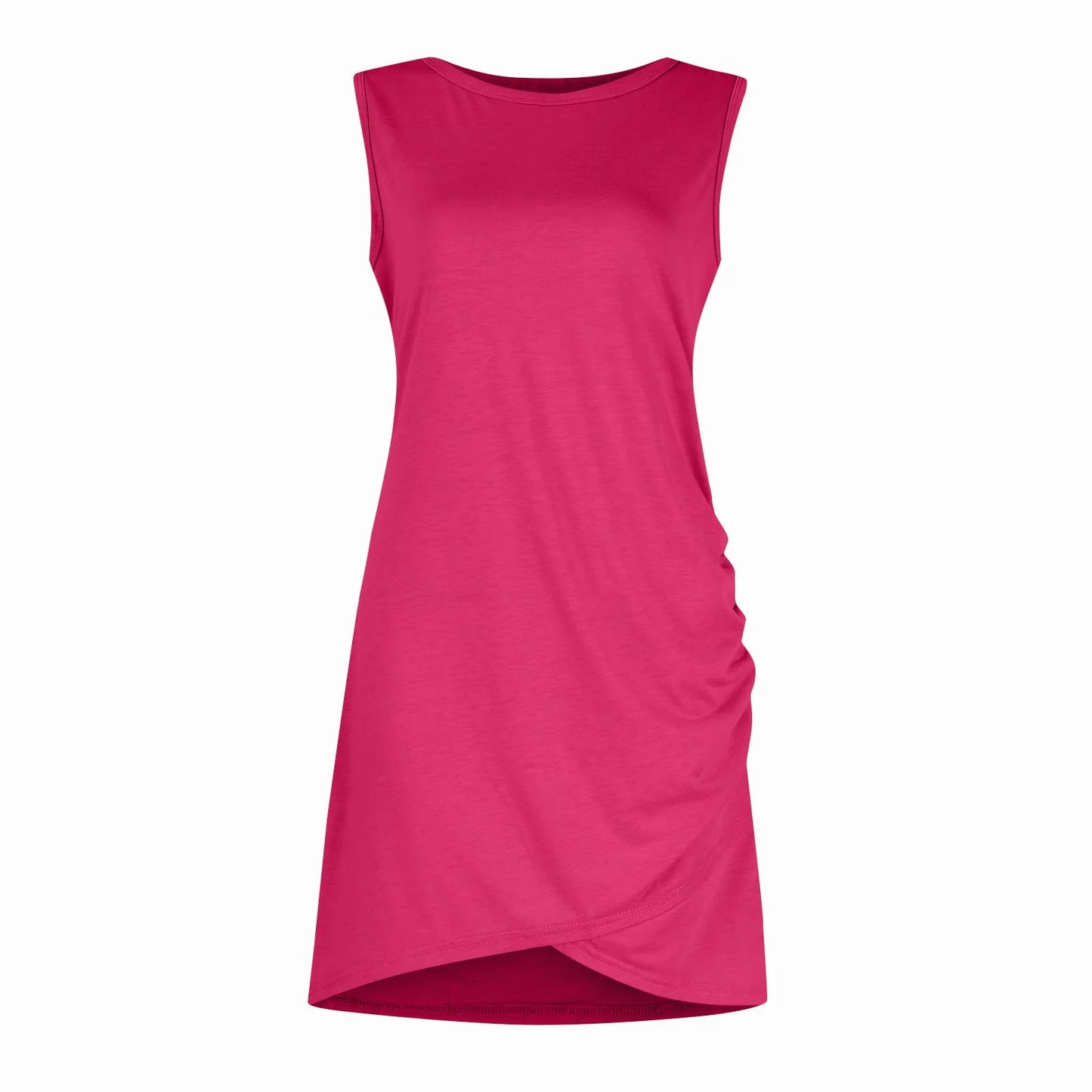 Women'S 2024 Summer Casual Beach Dress Round Neck Short Sleeveless Wrap Party Club Pleated Slim T Shirt Dresses