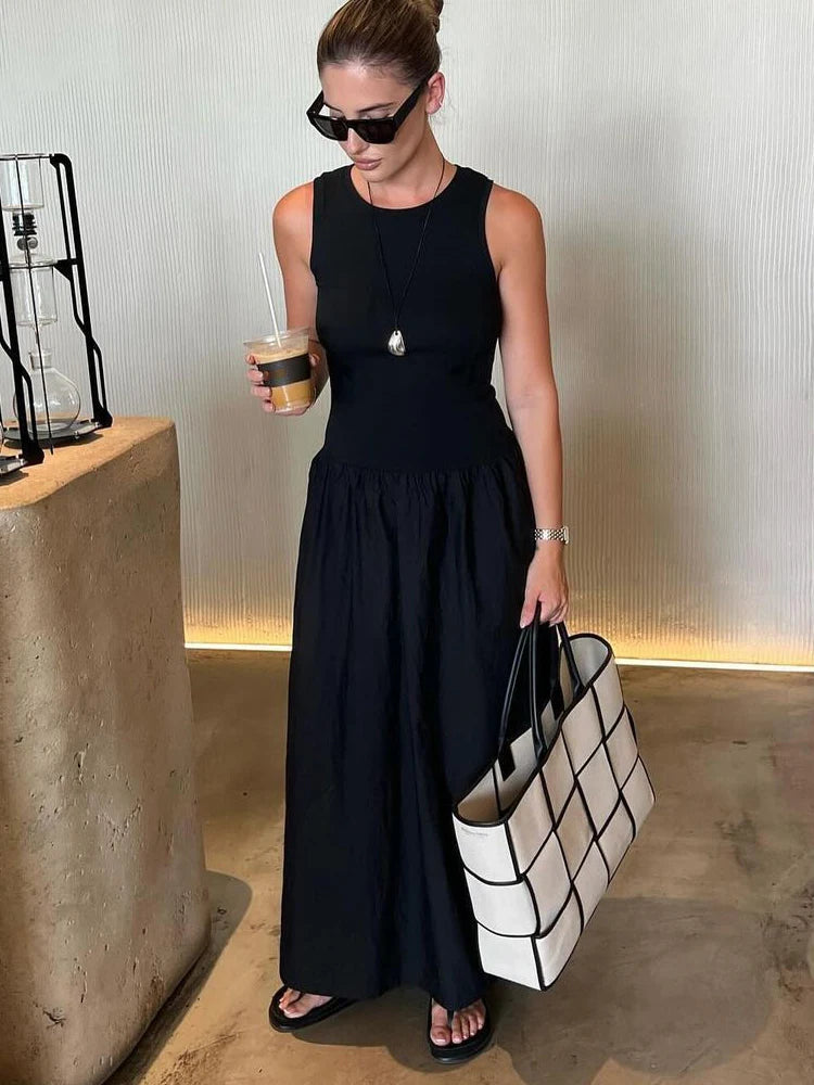 Fashion Patchwork Long Dress For Women Chic O-neck Sleeveless Party Midi Dresses Female Elegant Evening Holiday Lady Vestidos
