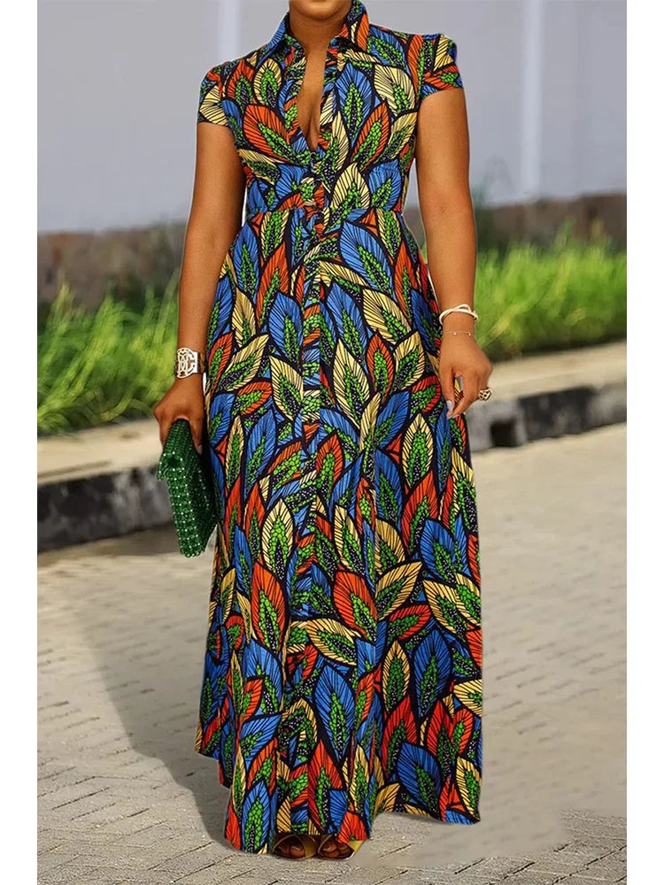 Women Plus Size Dress Floral Printed Sleeveless Turn Down Collar Slim Waist Button Long Dress Elegant Casual Vintage Dresses