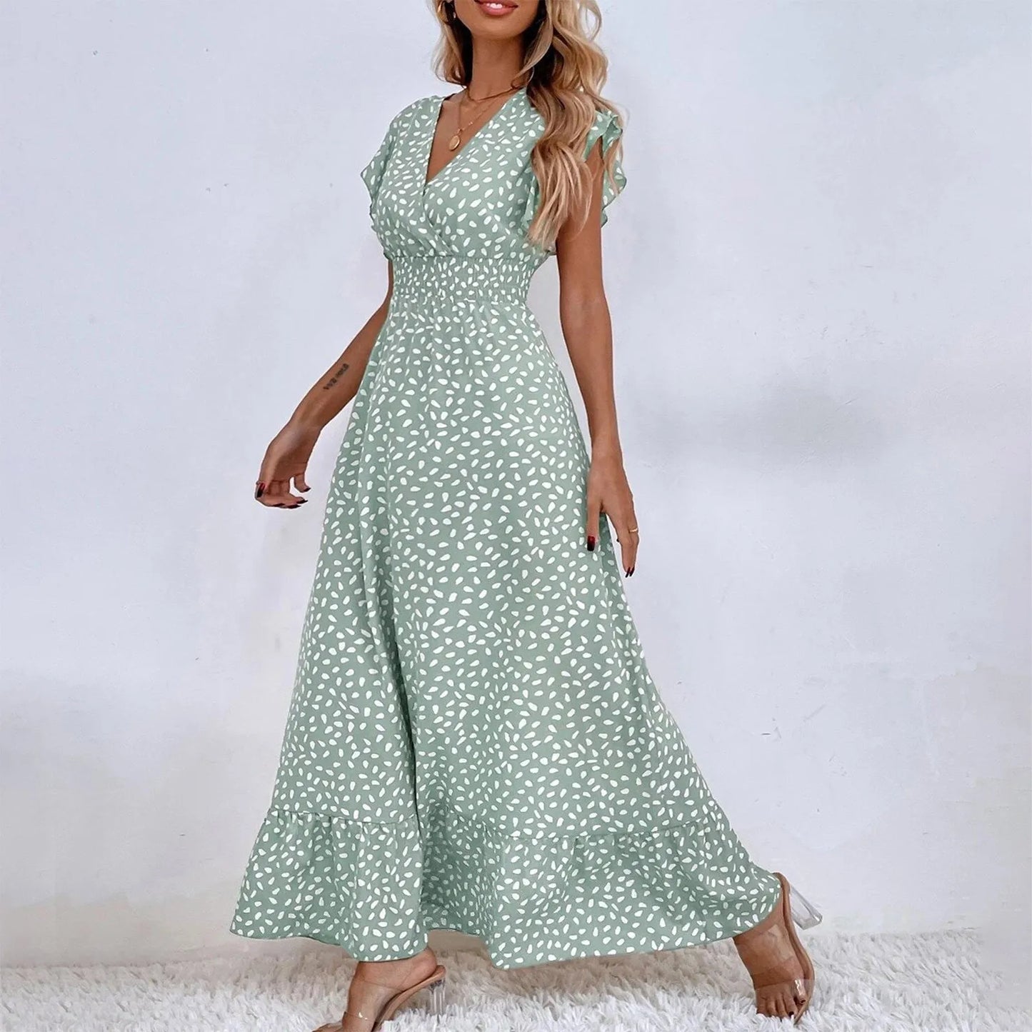 Polka Dot Dress For Women Sexy V-Neck Long Dress Casual And Fashionable Ruffle Edge Short Sleeved High Waisted Dress