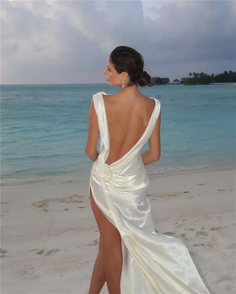 2025 Satin Backless Sexy Long Dress for Women Elegant Rose Thigh High Waist Beach Holiday Gorgeous Club