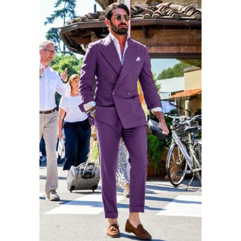 Men's Suit Two-piece Solid Color Double Breasted Fashion Spike Lapel Slim Fit Cropped Pants Casual Business Party Suits 2023