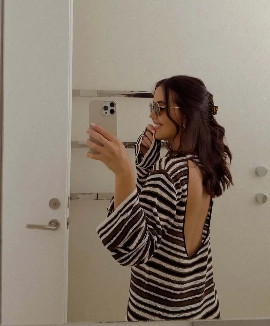 Talenza Knit Striped Mini Dress Women's Fashion Backless Cutout Long Sleeve Knit Dress Beach Vacation Boho Loose Casual Dresses