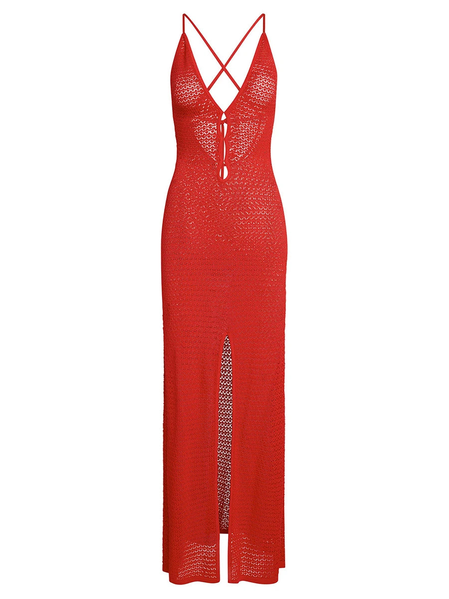 hirigin Women's Lace Crochet Cover-Ups Cross Lacing-up Cut-out V-Neck Sleeveless Backless Long Dress Summer Beach Holiday