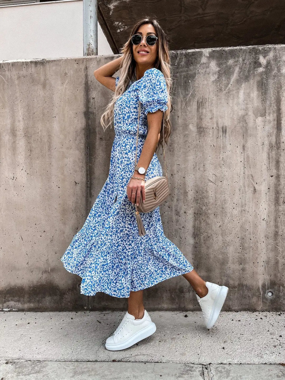 Summer Floral Print Dress Women V Neck Side Slit Long Dress Elegant Short Sleeve Button Slim Spring Female Party Dress Vestidos